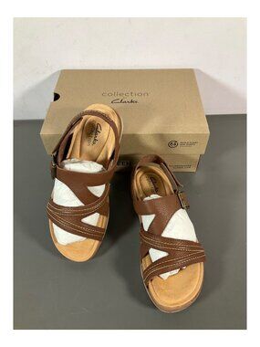 Clarks Brynn 7.5 Women's Adjustable Brown Leather Sandals with Comfort Cork Sole